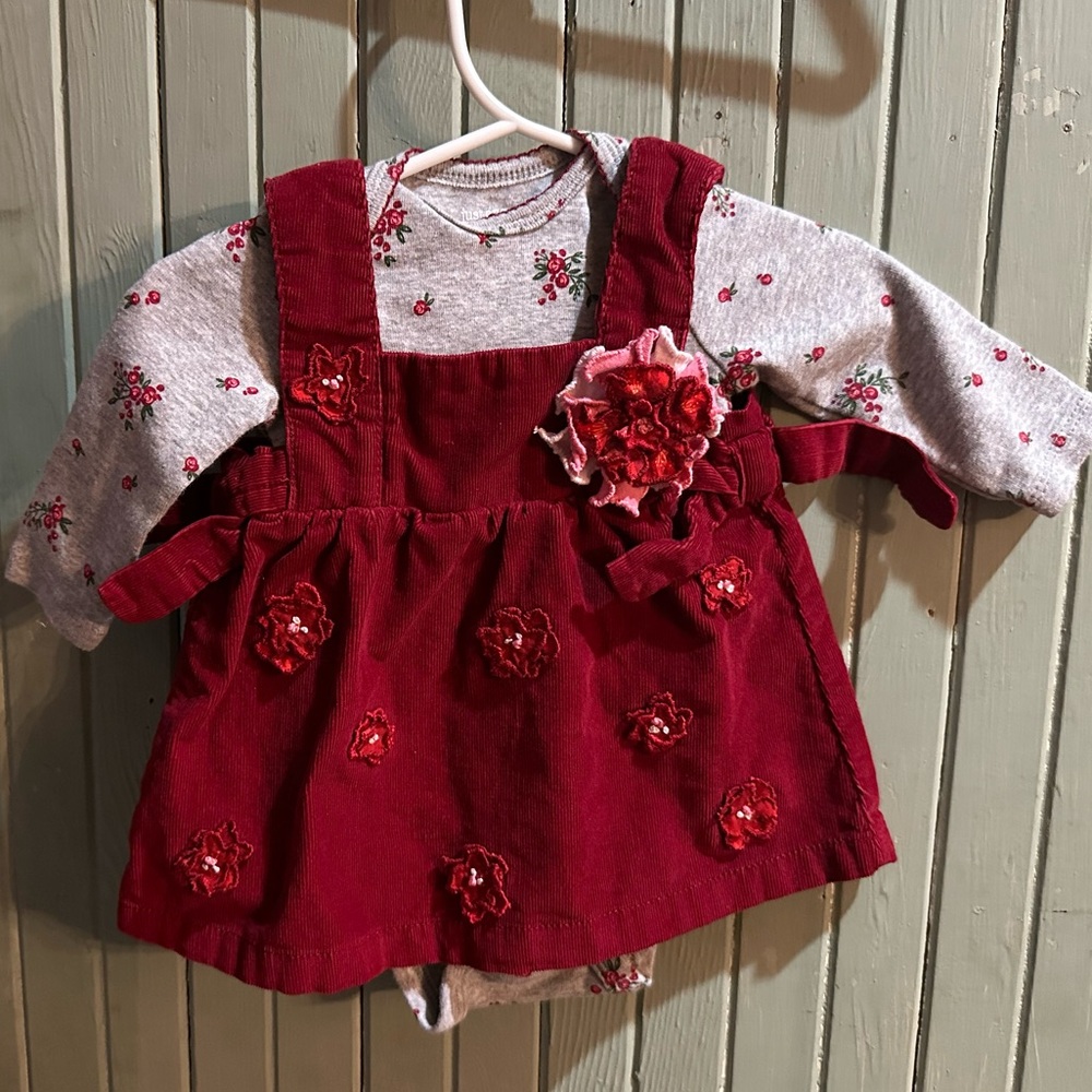 Hand-Embellished Red Jumper Set | Removable Floral Pin | 3 Months